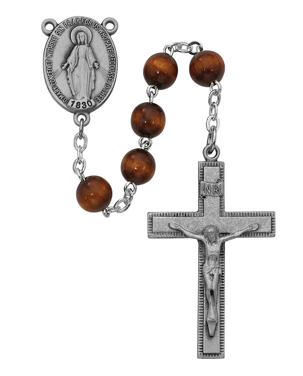 Catholic Miraculous Brown Wood Bead Rosary 7mm Beads Metal Center And Crucifix