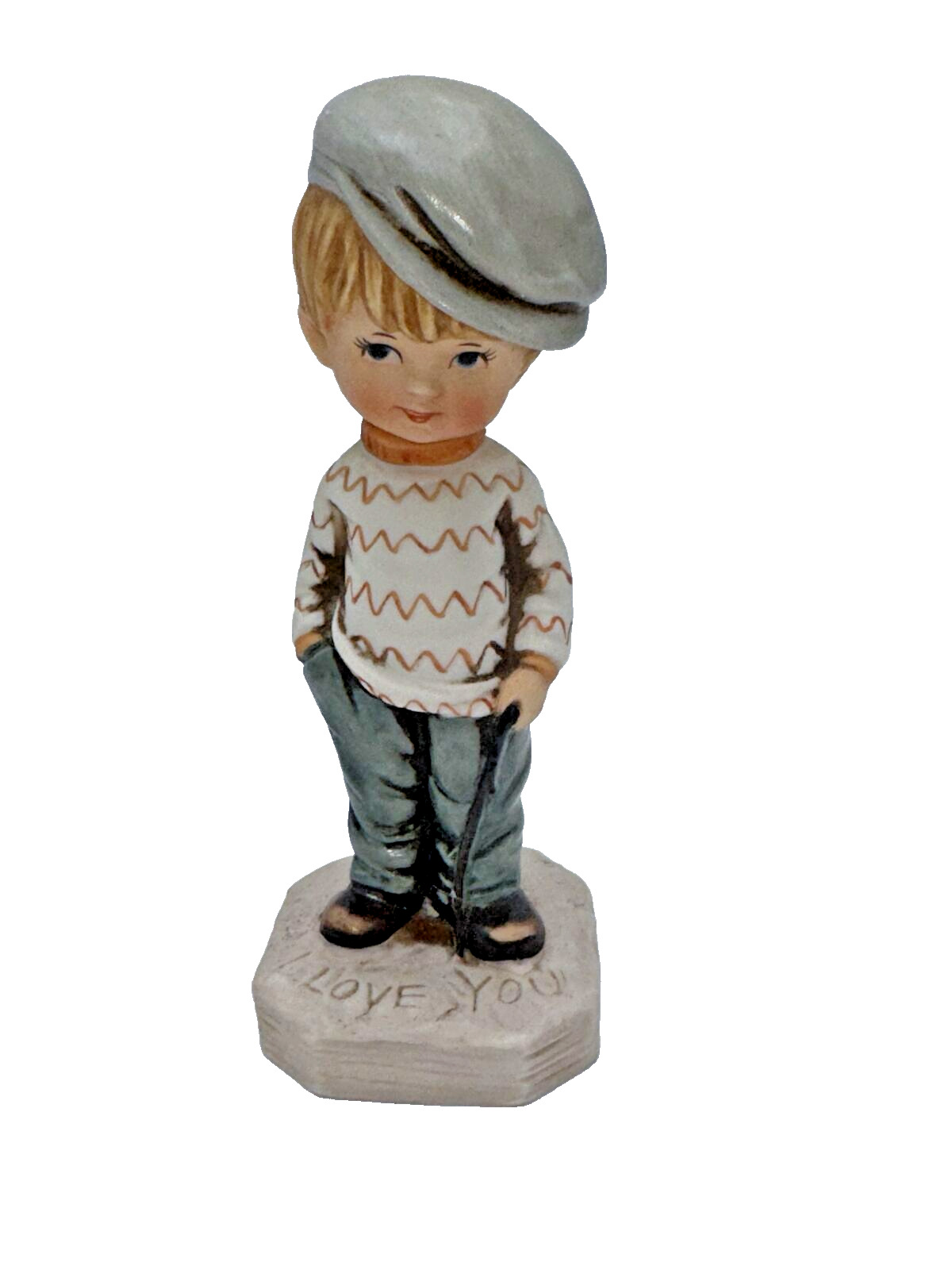 Vintage Moppets 1971 Fran Mar Boy W/Stick I Love You Porcelain Figurine 6 3/4”