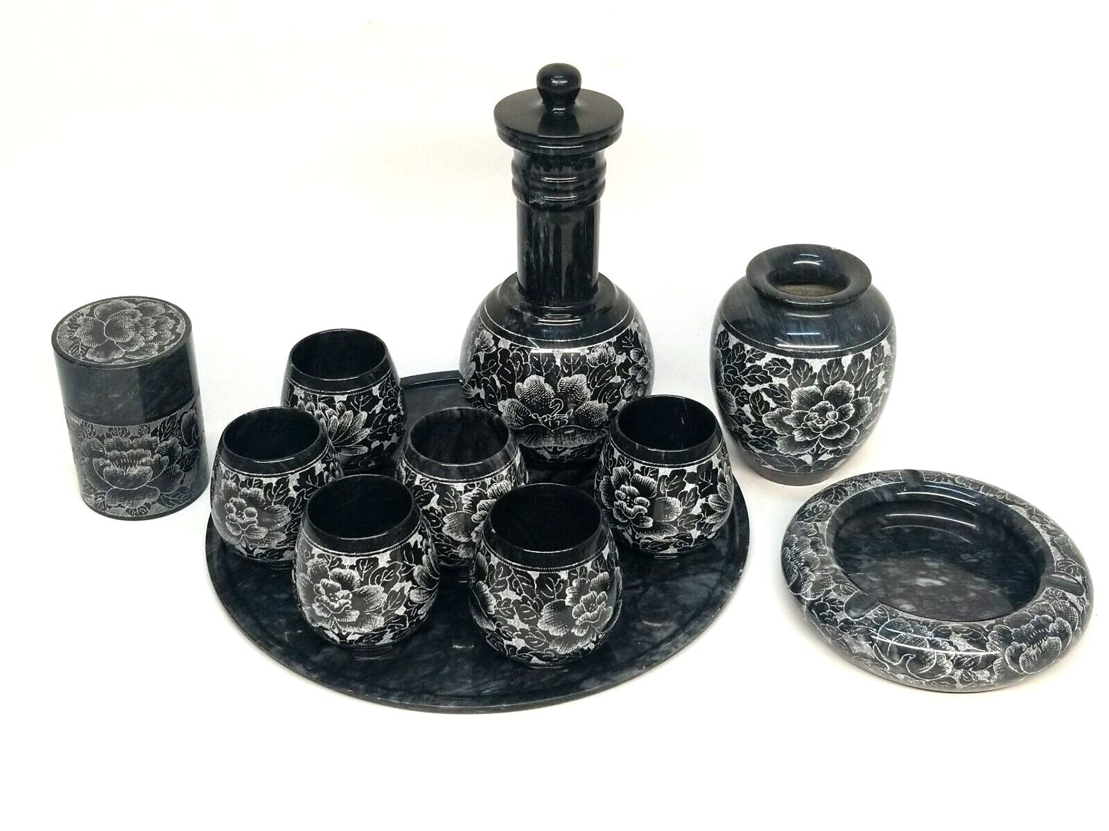 Vintage Marble 11pc Set Cups Decanter Carafe Tray Ashtray Drinking Smoking Sake