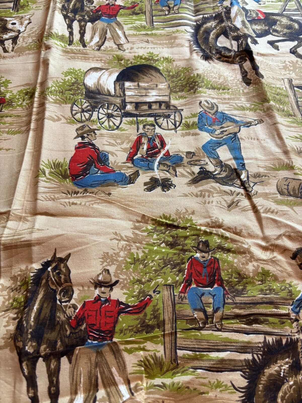 Vintage 50s Ranch RODEO Cowboy Western Country Pioneer Fabric Remnant 5YDS/15'Ft