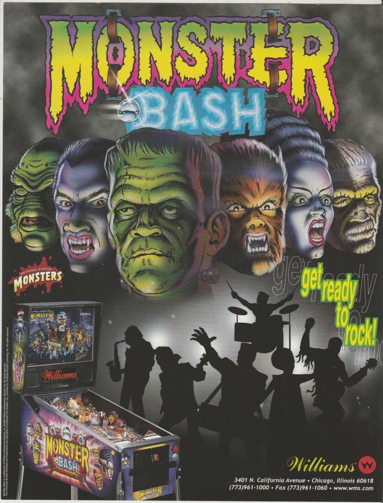 Universal Monsters Monster Bash Pinball Machine advertising flyer 1998 Williams