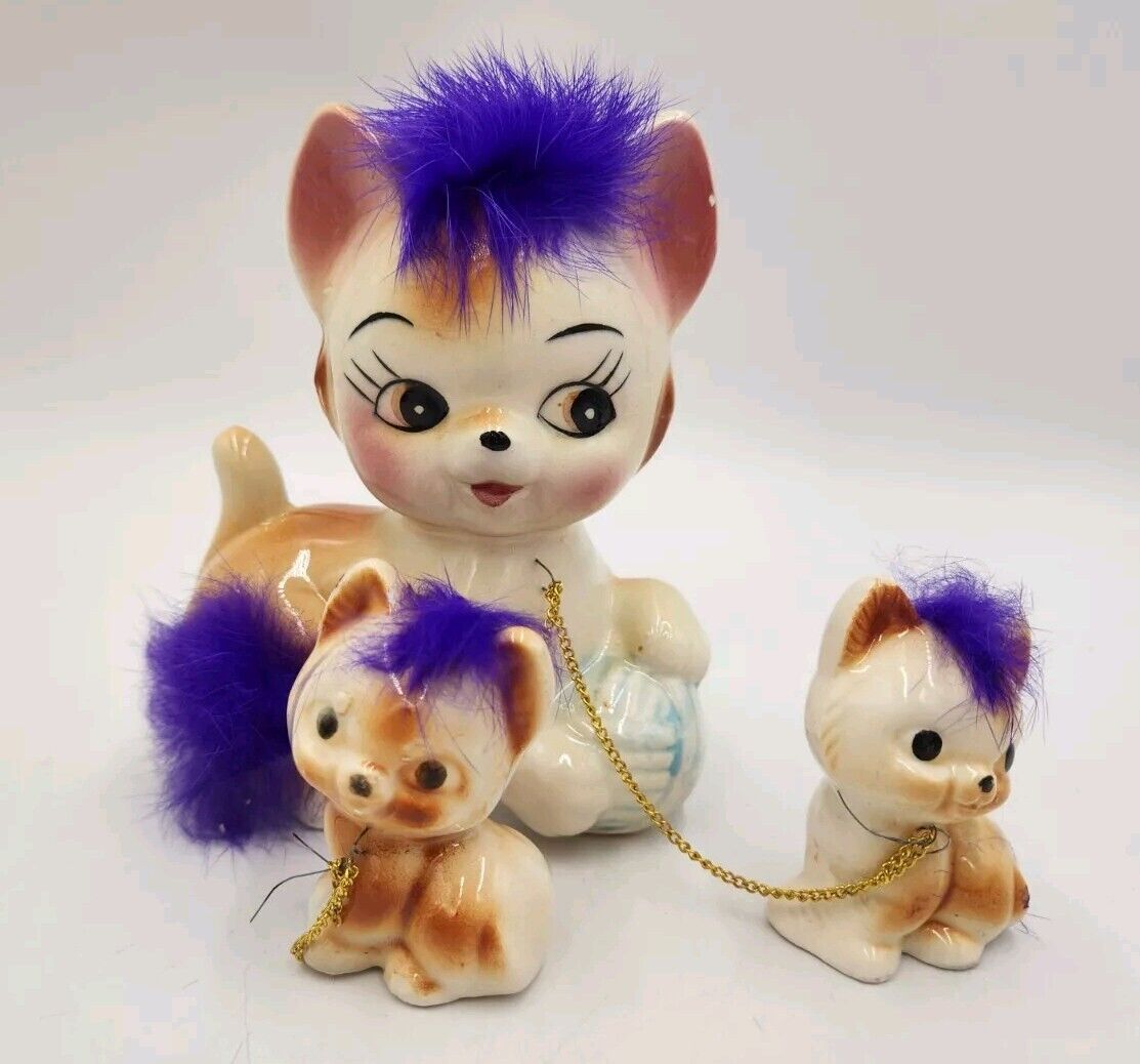 Vintage Anthropomorphic Ceramic Chained Cat Kittens w/Violet Fur Figurine Japan
