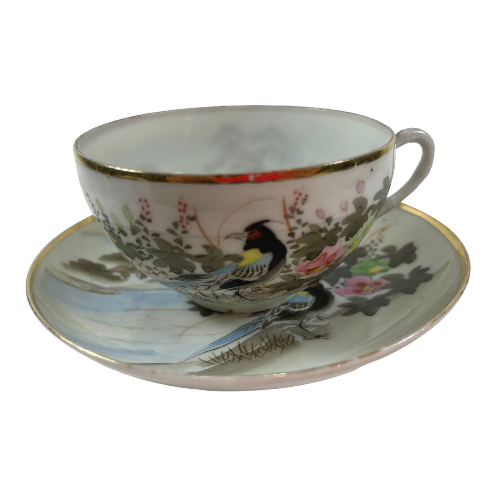 Vintage White Porcelain Teacup & Saucer Set Collectibles Floral And Bird Design