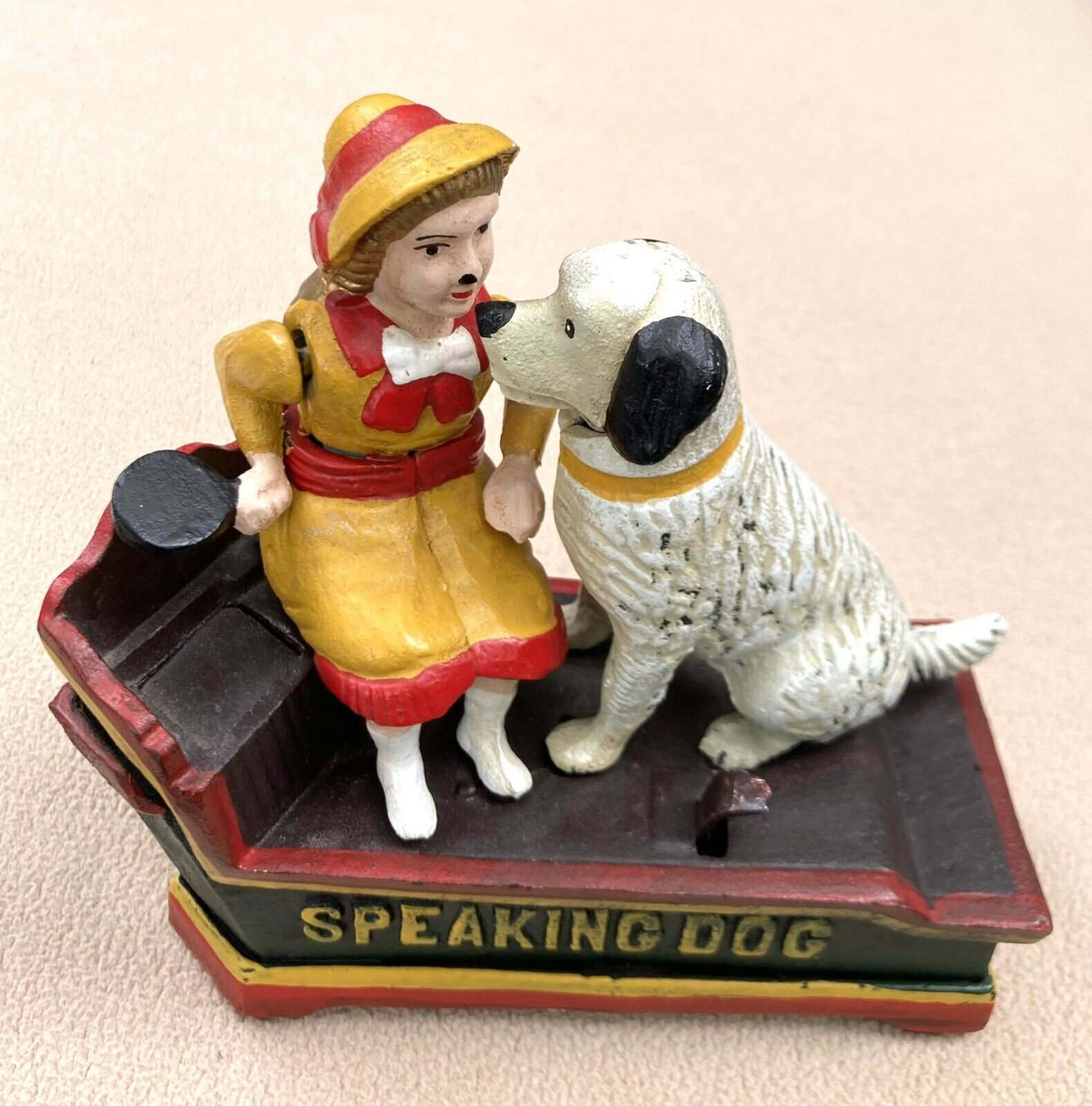 Vintage Cast Iron Mechanical Coin Bank Speaking Dog **WORKS** Reproduction