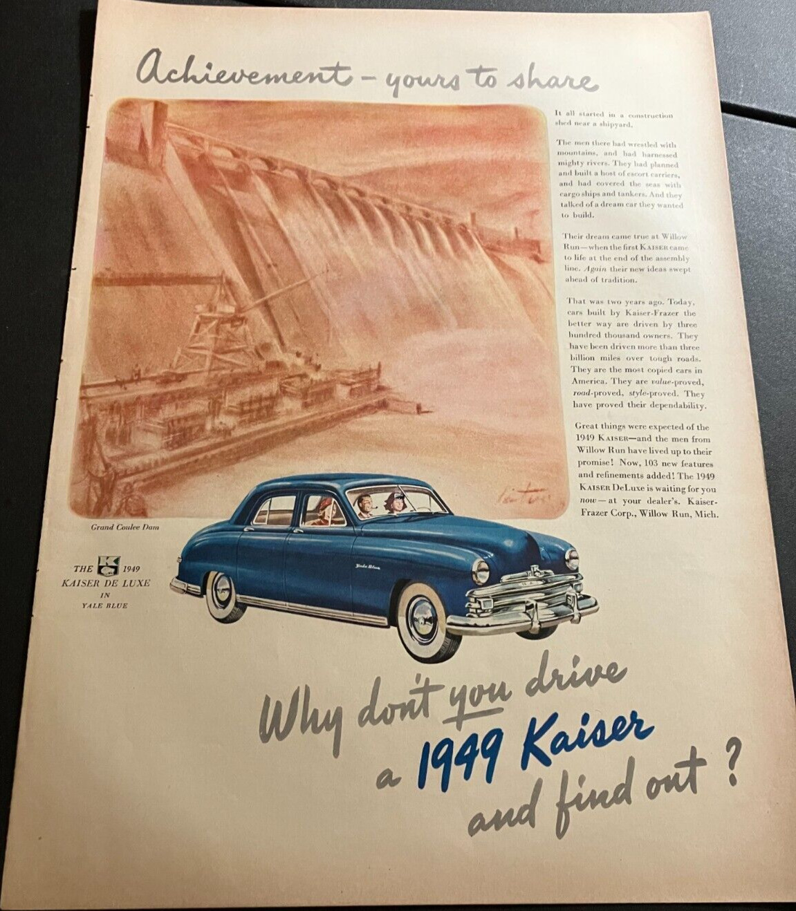 Yale Blue 1949 Kaiser De Luxe - Vintage Print Ad / Wall Art - Grand Coulee Dam