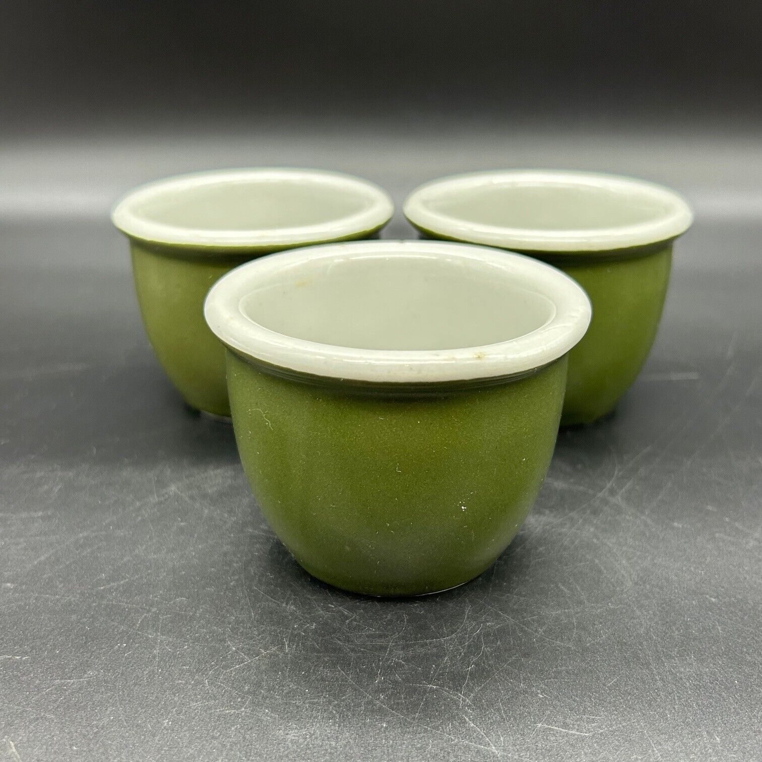 Vtg Hall Pottery 4 oz Custard Set of 3 #350 c. 1915 Green Ivory Cookware USA