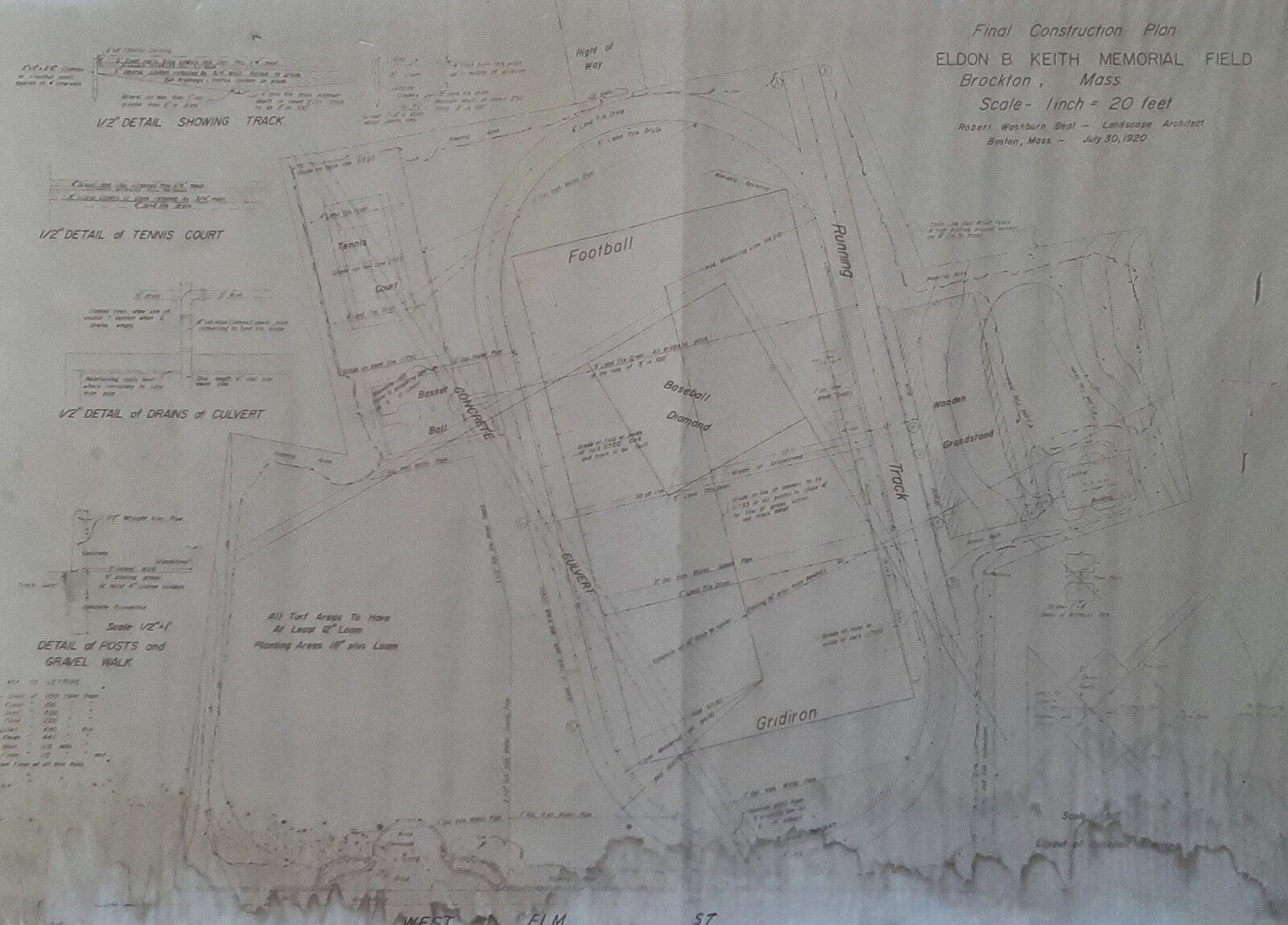 Brockton, MA Original 1920 Plan of Historic ELDON KEITH FIELD, West Elm Street