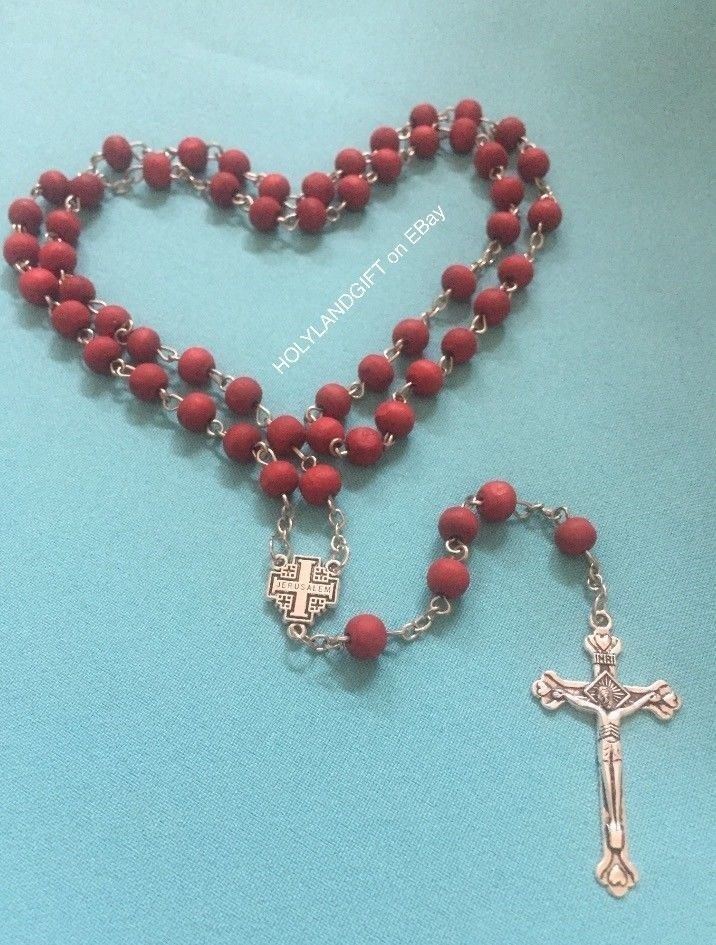 JERUSALEM Rose Smell Wood Catholic ROSARY Bead Necklace Cross Crucifix US SELLER
