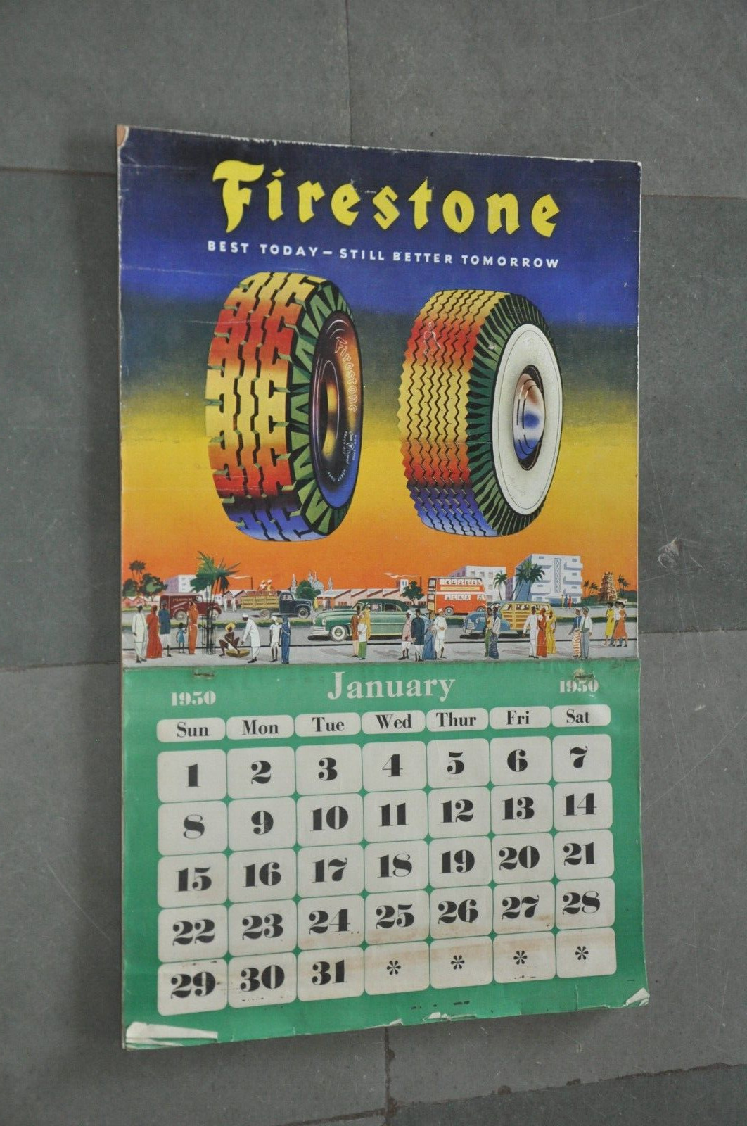 Vintage Firestone Tyre's Ad 1950 Calendar Litho Paper Sign Board