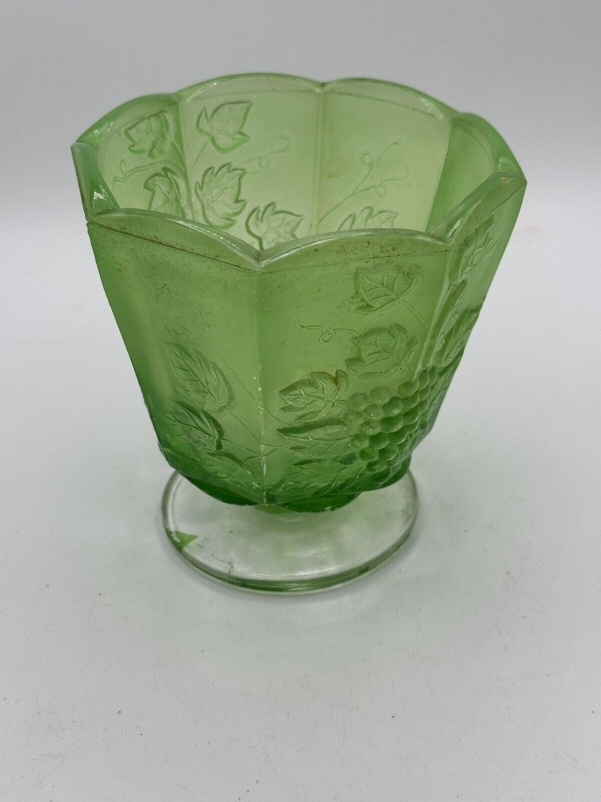 Vintage Frosted Green Compote, Molded Glass & Flashed Octagon Shape Marked FL 46