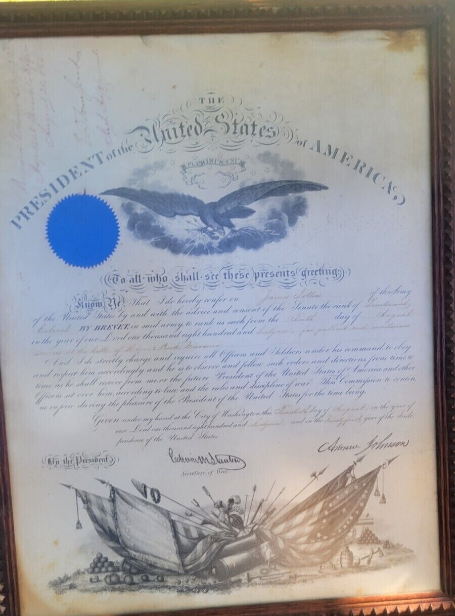 Andrew Johnson Presidential Document Military Promotion Lieutenant Colonel 1866