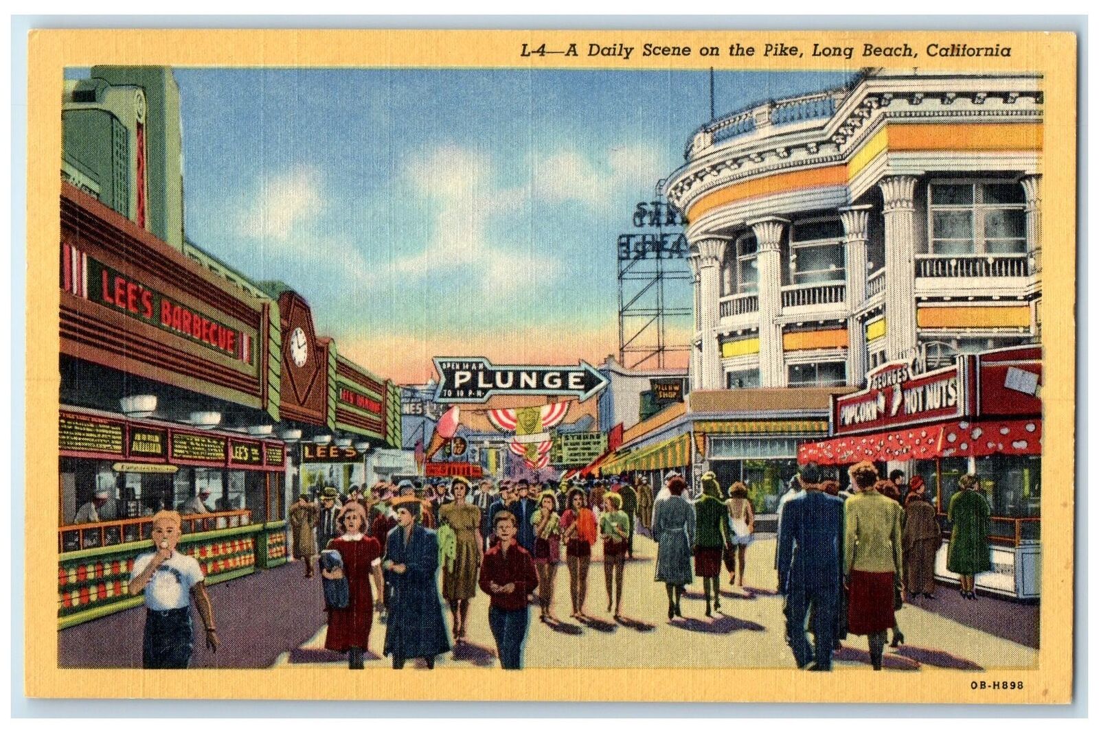 c1940\'s Daily Scene On Pike Crowd Restaurants Long Beach California CA Postcard