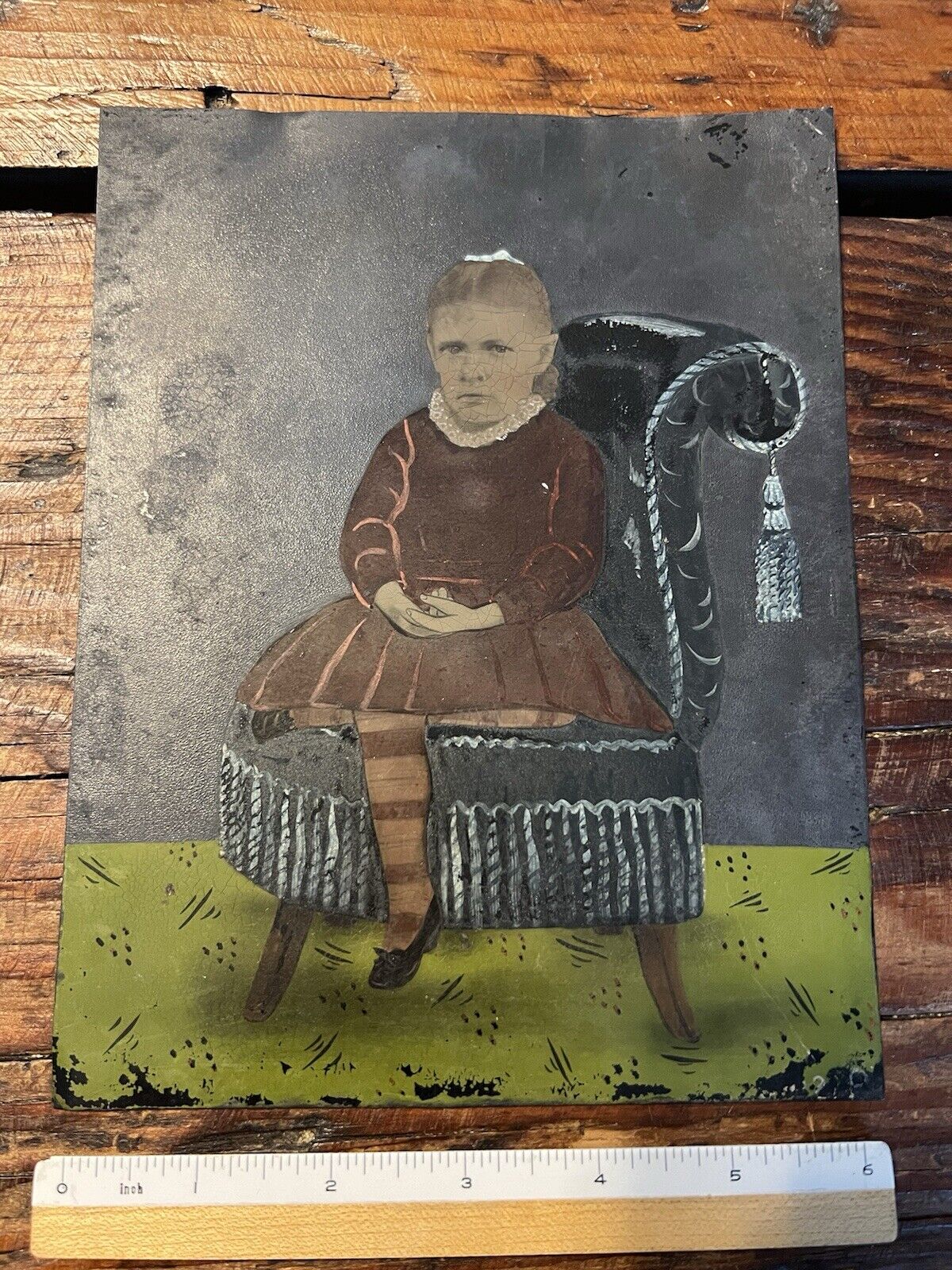 Antique 1860’s Folk Art Hand Painted Tintype Photograph Girl & Chair Full Plate