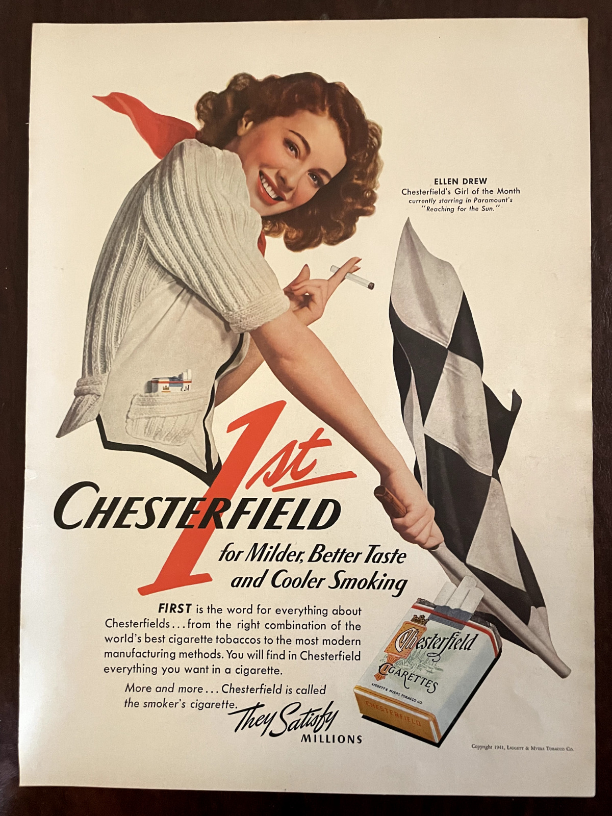 1941 CHESTERFIELD Cigarettes Vintage Print Ad Girl of the Month Ellen Drew