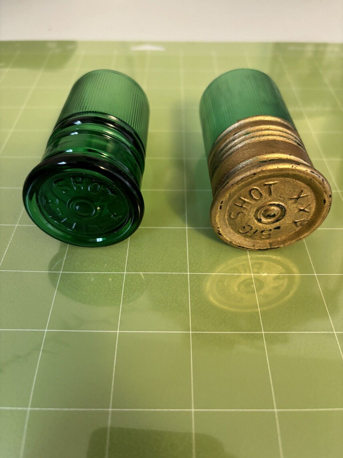 Pair Of Imperial Glass Green Trader Vic's | Big Shot | Shotgun Shell Glasses