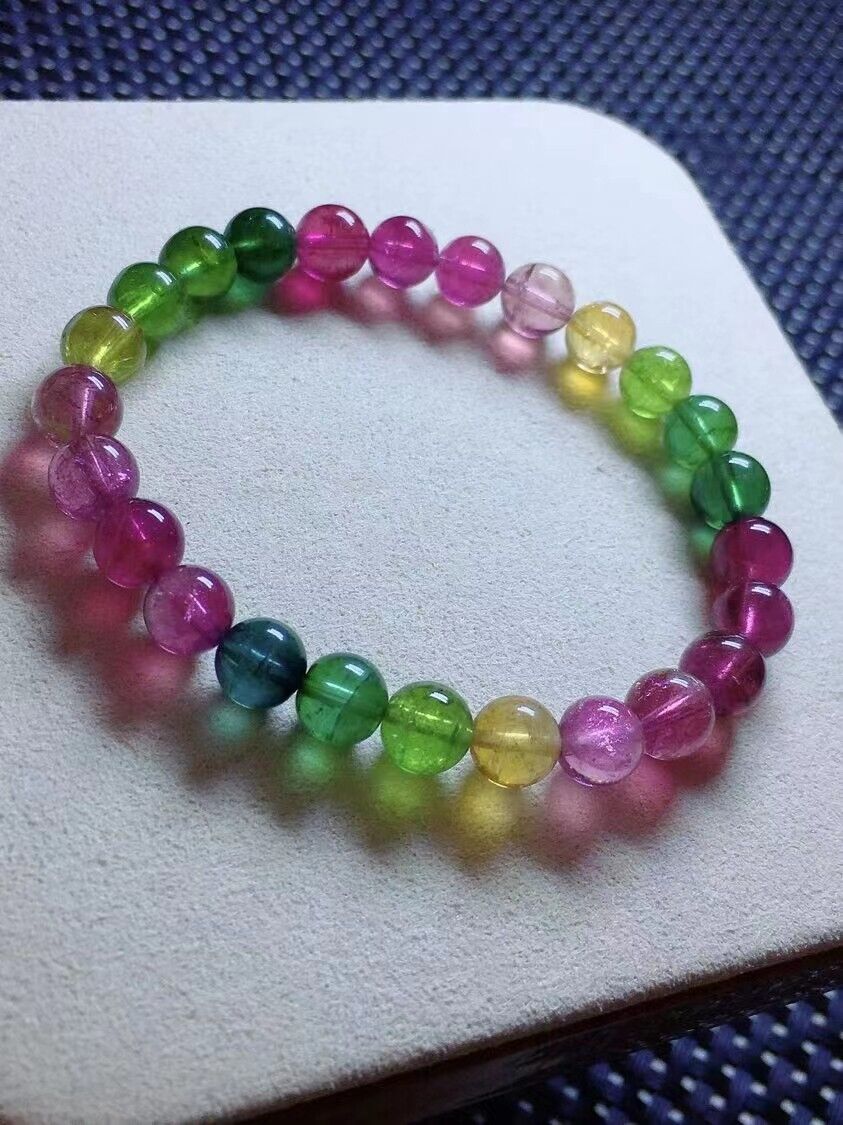 100% Natural Rainbow Colorful Tourmaline  Round  Beads Bracelet 7mm AAAAA
