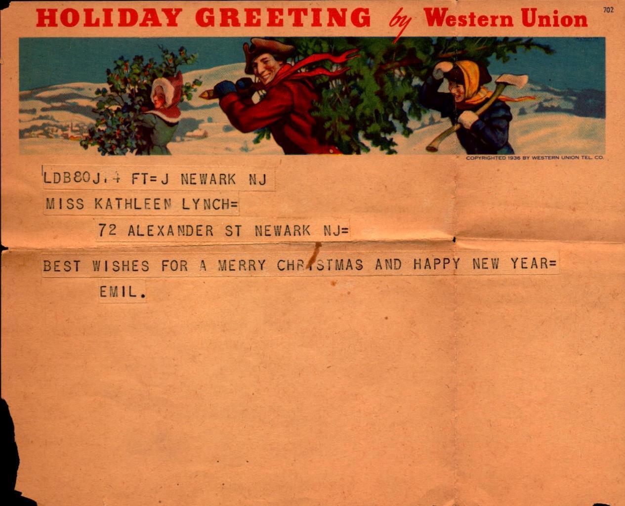 1936 WESTERN UNION CHRISTMAS TELEGRAM - HOLIDAY GREETING BY WESTERN UNION BK59