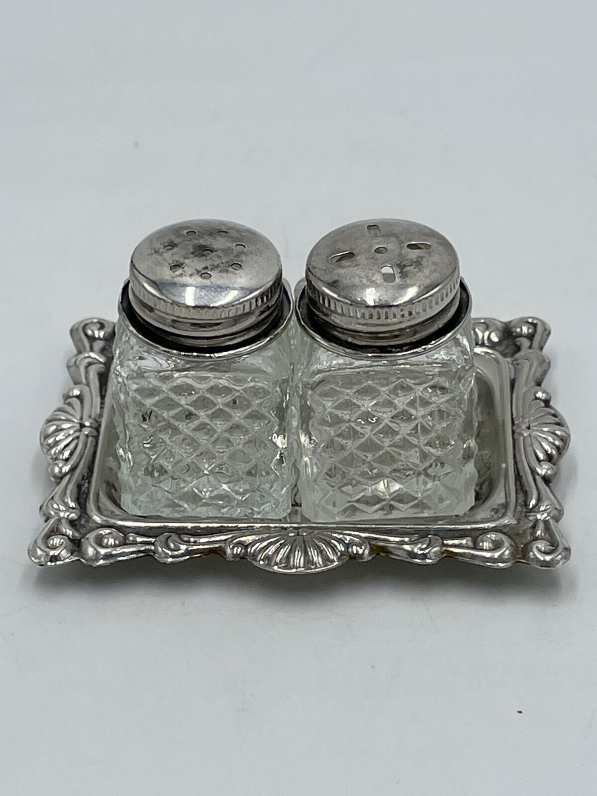 Vintage Individual Salt and Pepper Shakers Silver Plate Tray and Tops Hong Kong