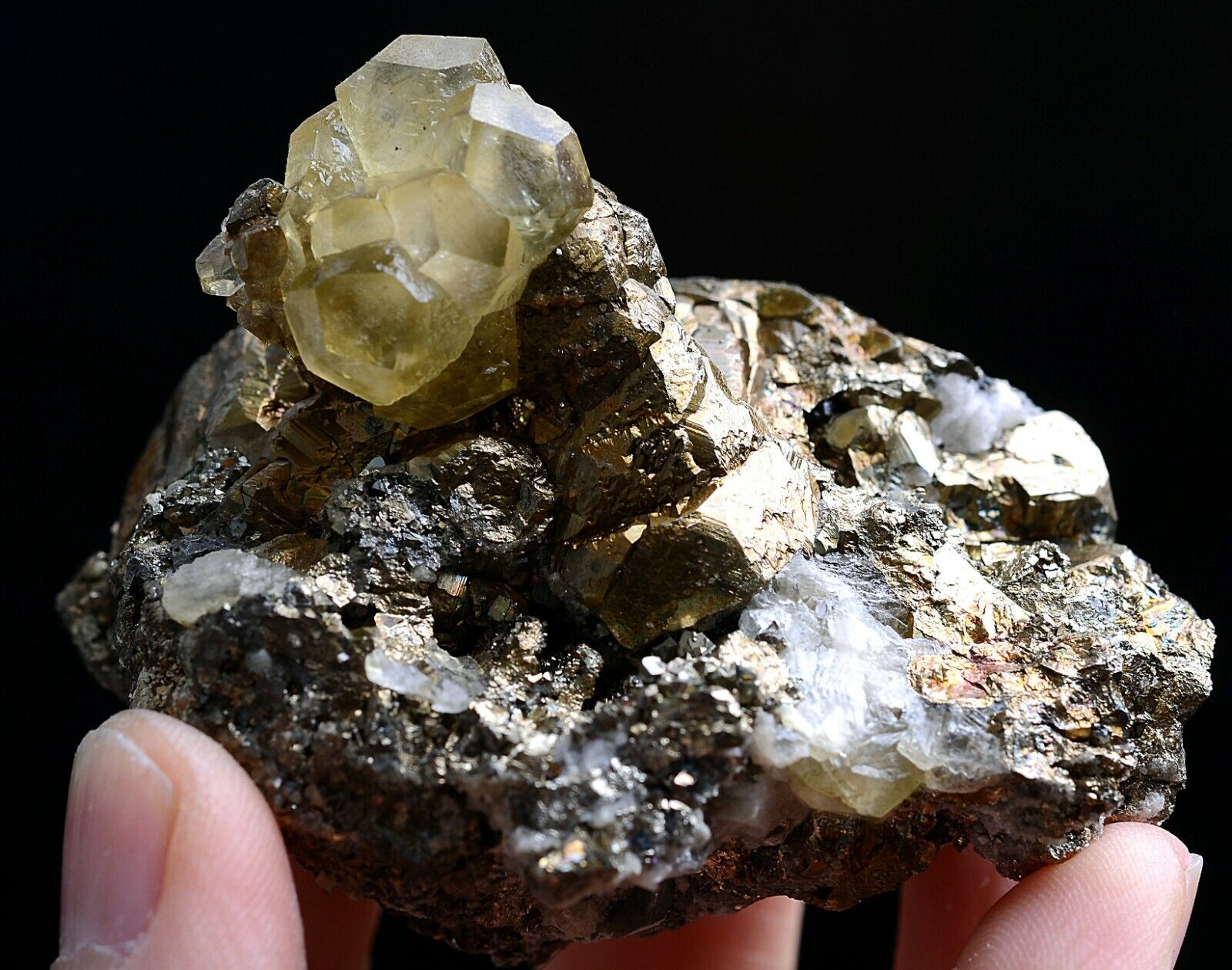 205g Natural Highest Grade Benz Yellow Calcite Pyrite Crystal Mineral Specimen