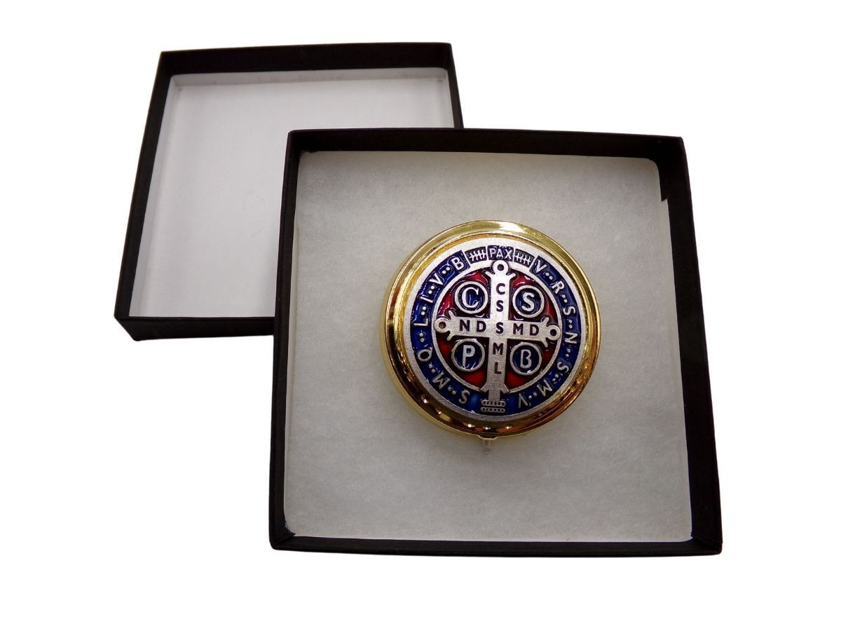 Two Toned St Benedict Red Blue Enameled Design Pyx With Button Clasp 2 Inch