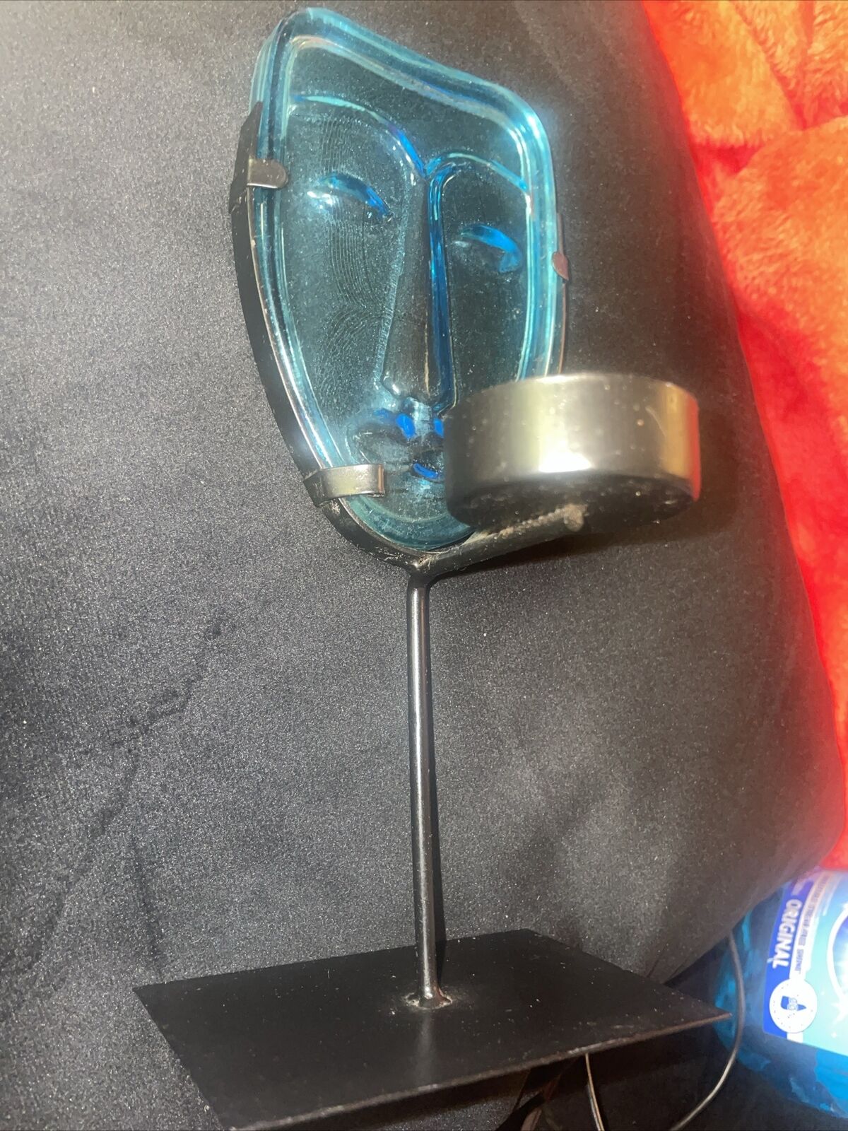 Erik Hoglund Blue Glass Face Tea Candle Metal Holder