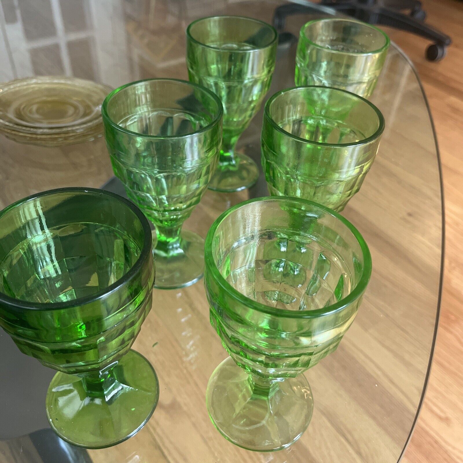 6 Vtg Hazel Atlas Colonial Block Green Uranium Goblet Drinking Glasses Glow