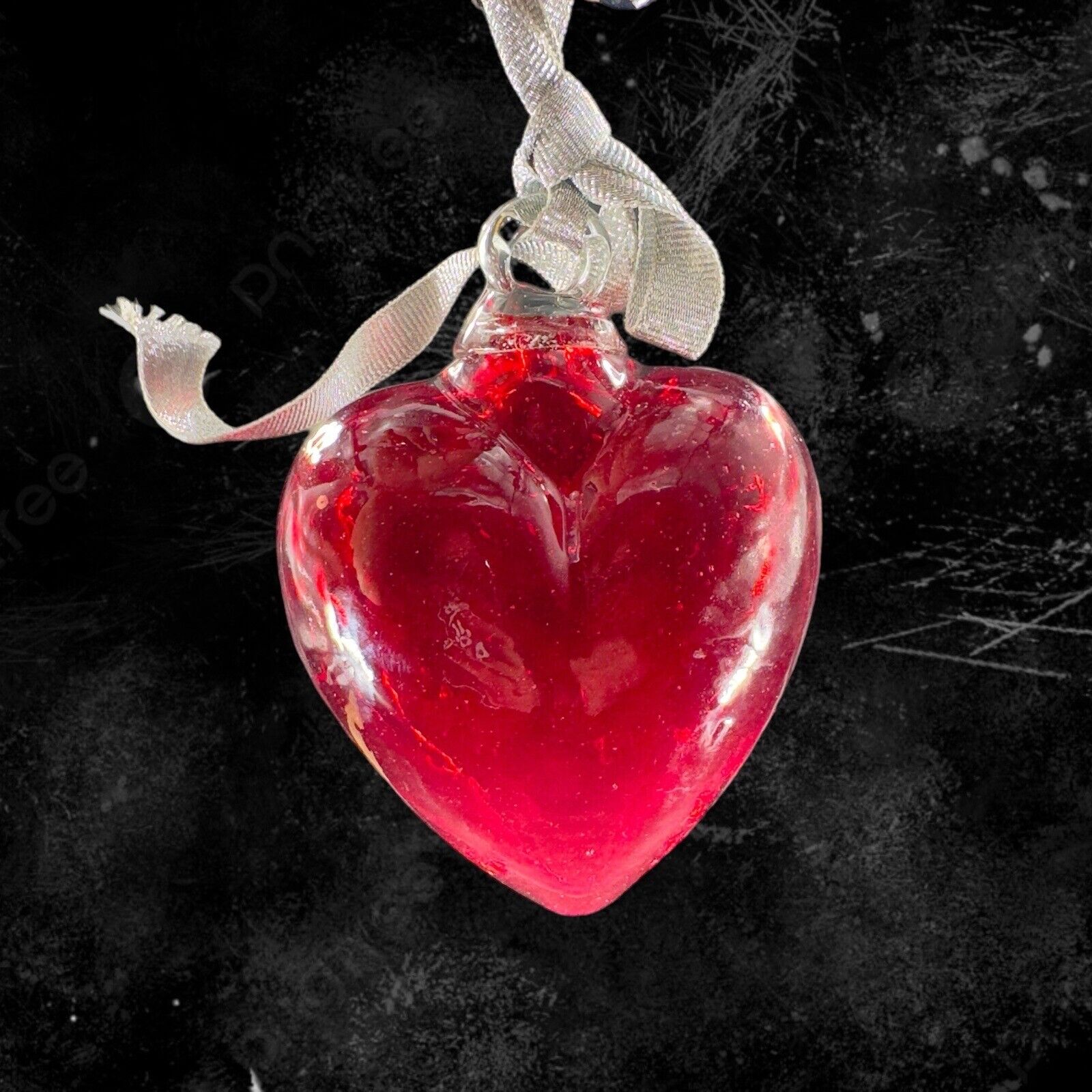 Ruby Red Art Glass Heart Figurine Ornament Hanging Pendant Clear Ring Top Figure
