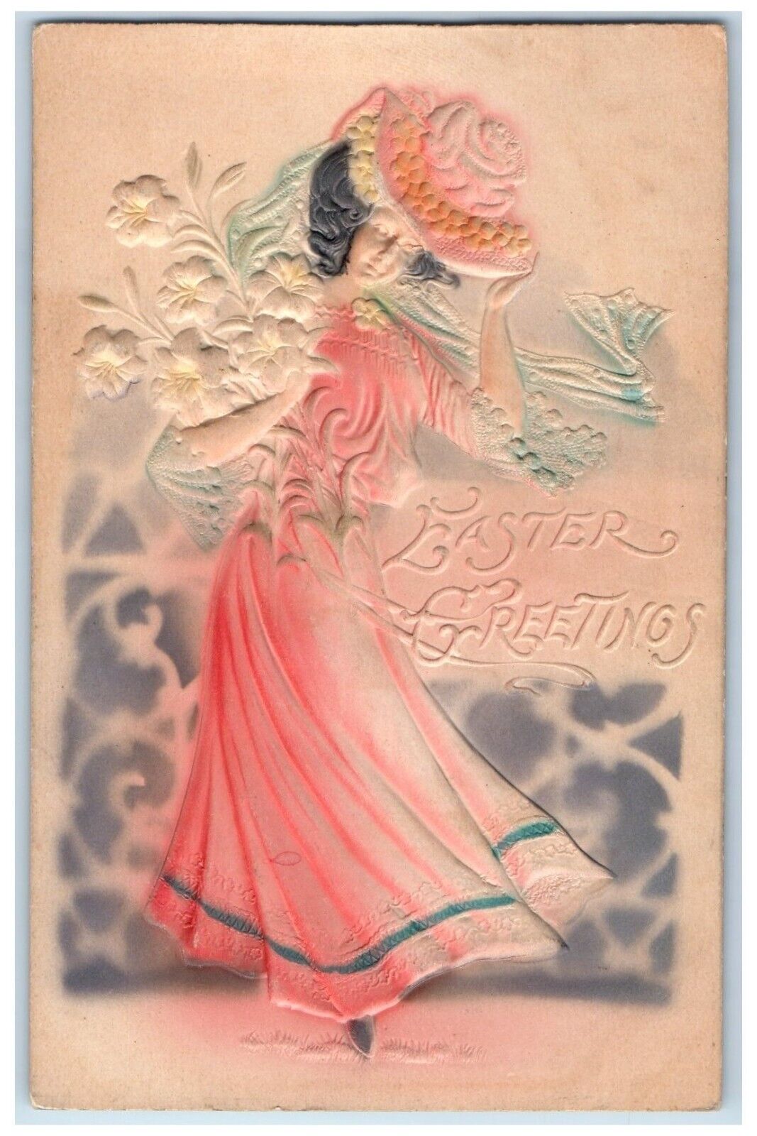 c1905 Easter Greetings Girl Dress Lily Flowers Airbrushed Embossed Postcard