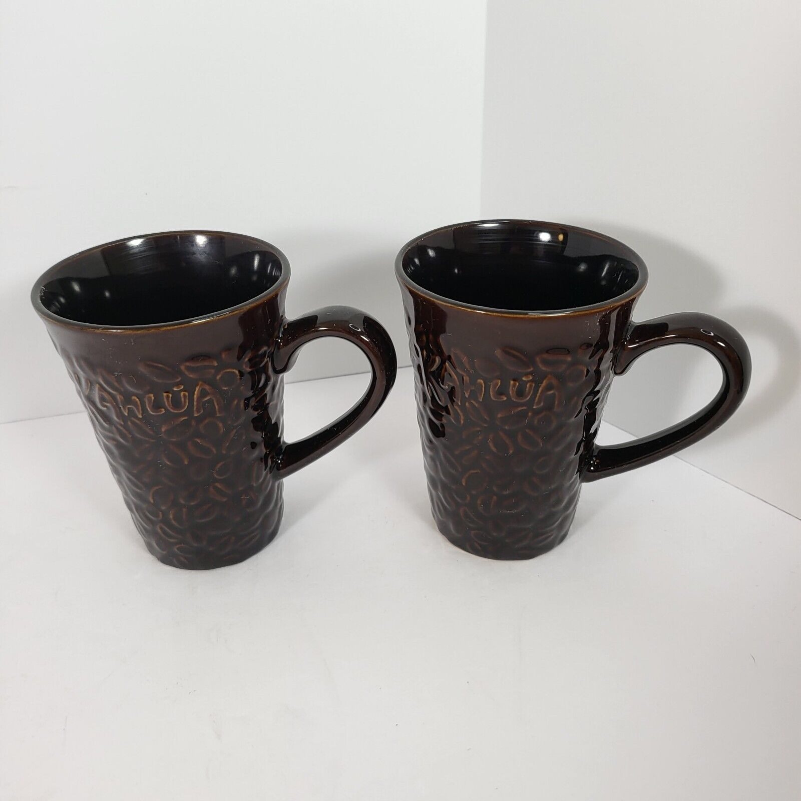 Kahlua Coffee Cup Mug Set of 2 Brown Embossed Raised Lettering Coffee Bean