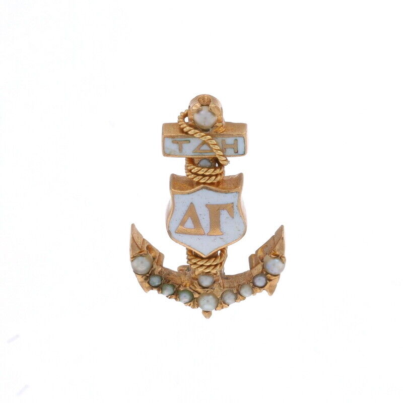 Yellow Gold Delta Gamma Badge - 14k Seed Pearl Shield & Anchor Sorority Pin