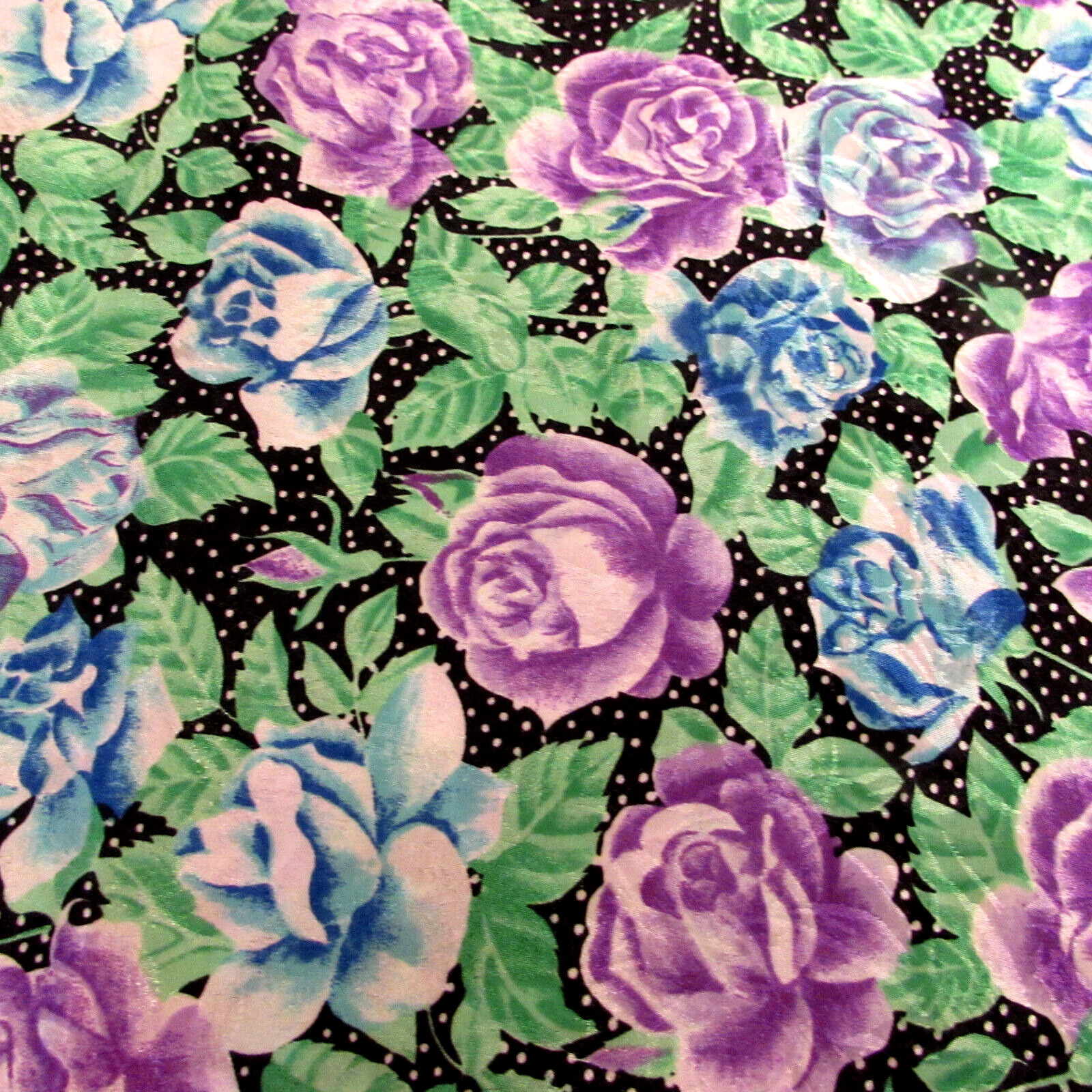 Vtg M M FAB INC 1989 Silky With Sheen Poly Blue Violet Roses on Black 5 yd x 45