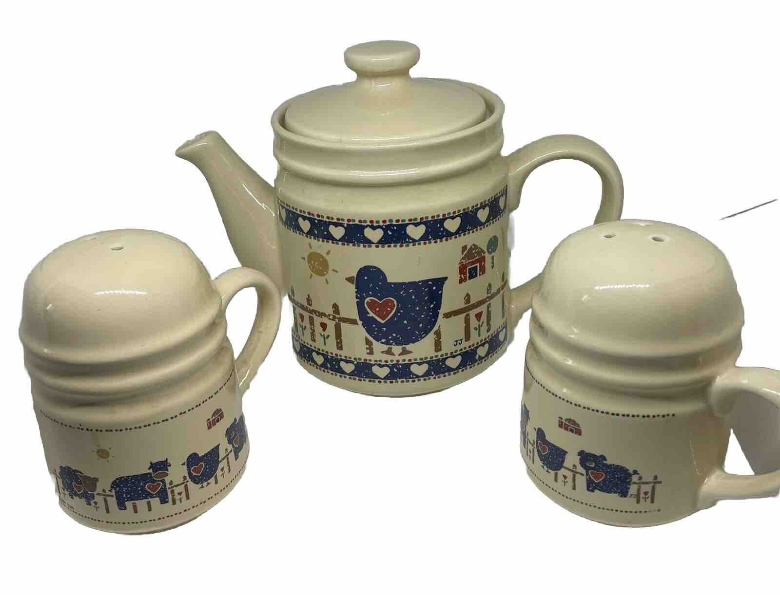 TRADITIONS COUNTRY STYLE TEAPOT AND LARGE SALT AND PEPPER SHAKERS CGD 1985