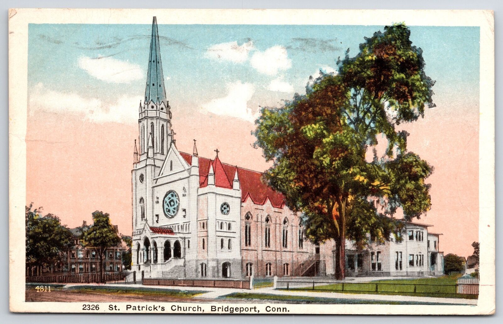 1917 Saint Patrick\'s Church Bridgeport Connecticut Grounds View Posted Postcard