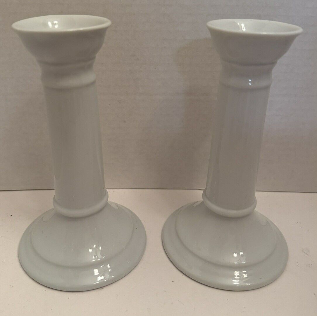 VTG Set of 2 White Apilco Porcelain 7” Candlestick Candle Holders Made in France
