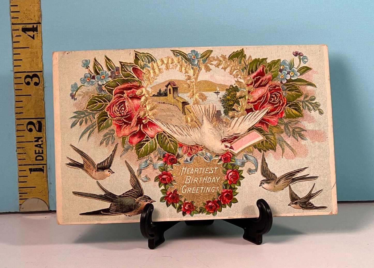 1908 Embossed Heartiest Birthday greetings, birds, flowers gold gild postcard.