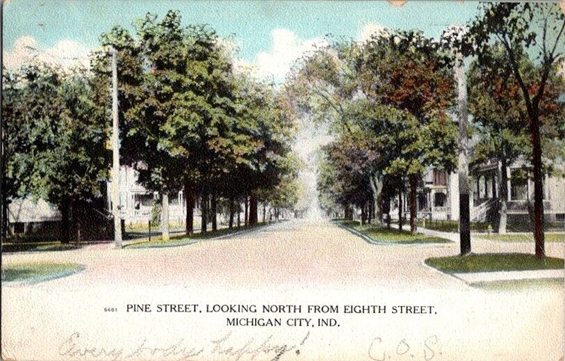 Postcard Pine Street facing North on Eighth St. Michigan City MI 1908      F-338