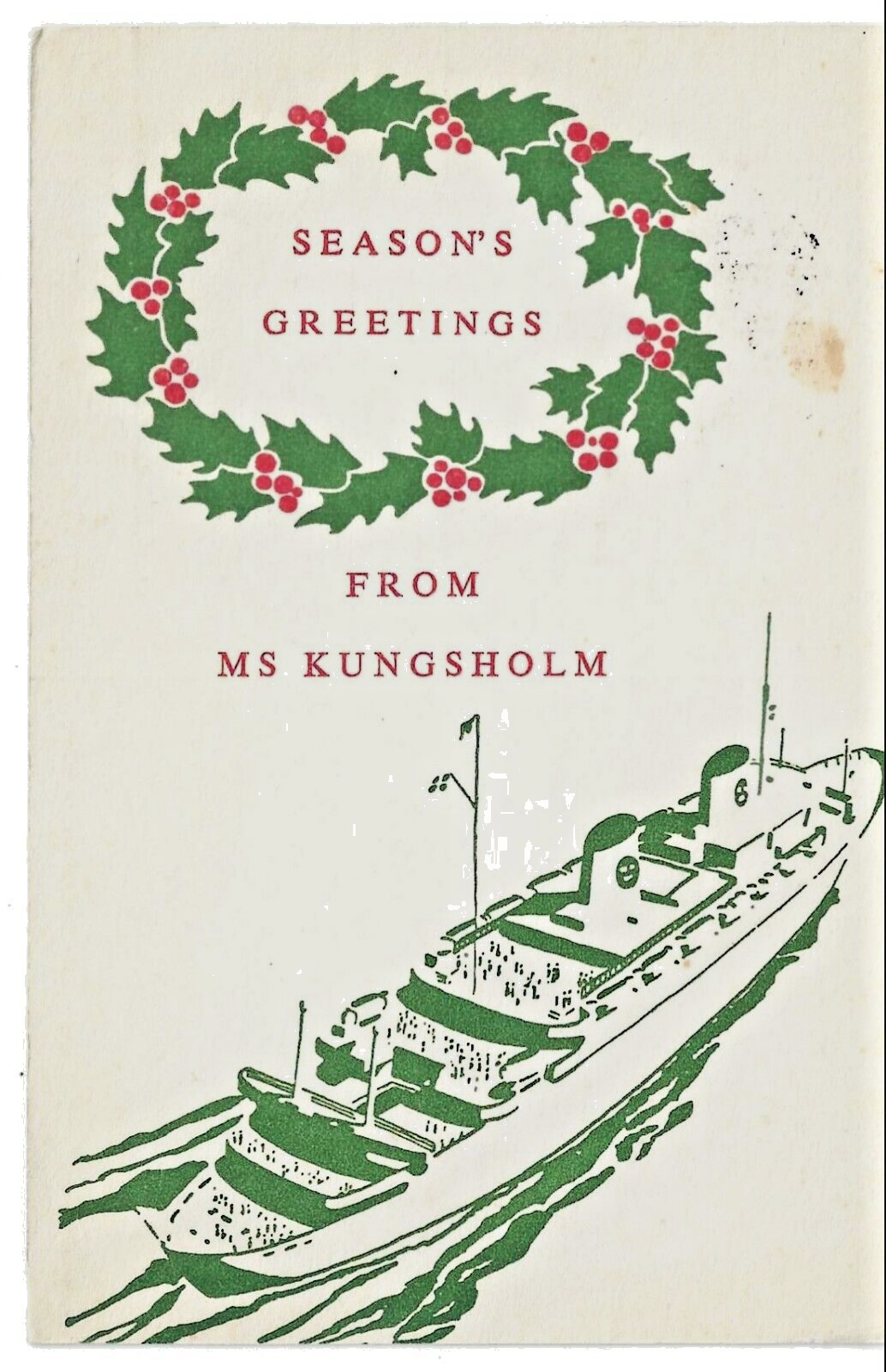 18. Seasons Greetings from MS Kungsholm posted on Board in 1956