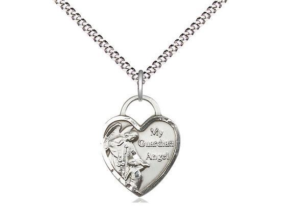 Guardian Angel Heart Sterling Silver Pendant on a 18in Light Curb Chain