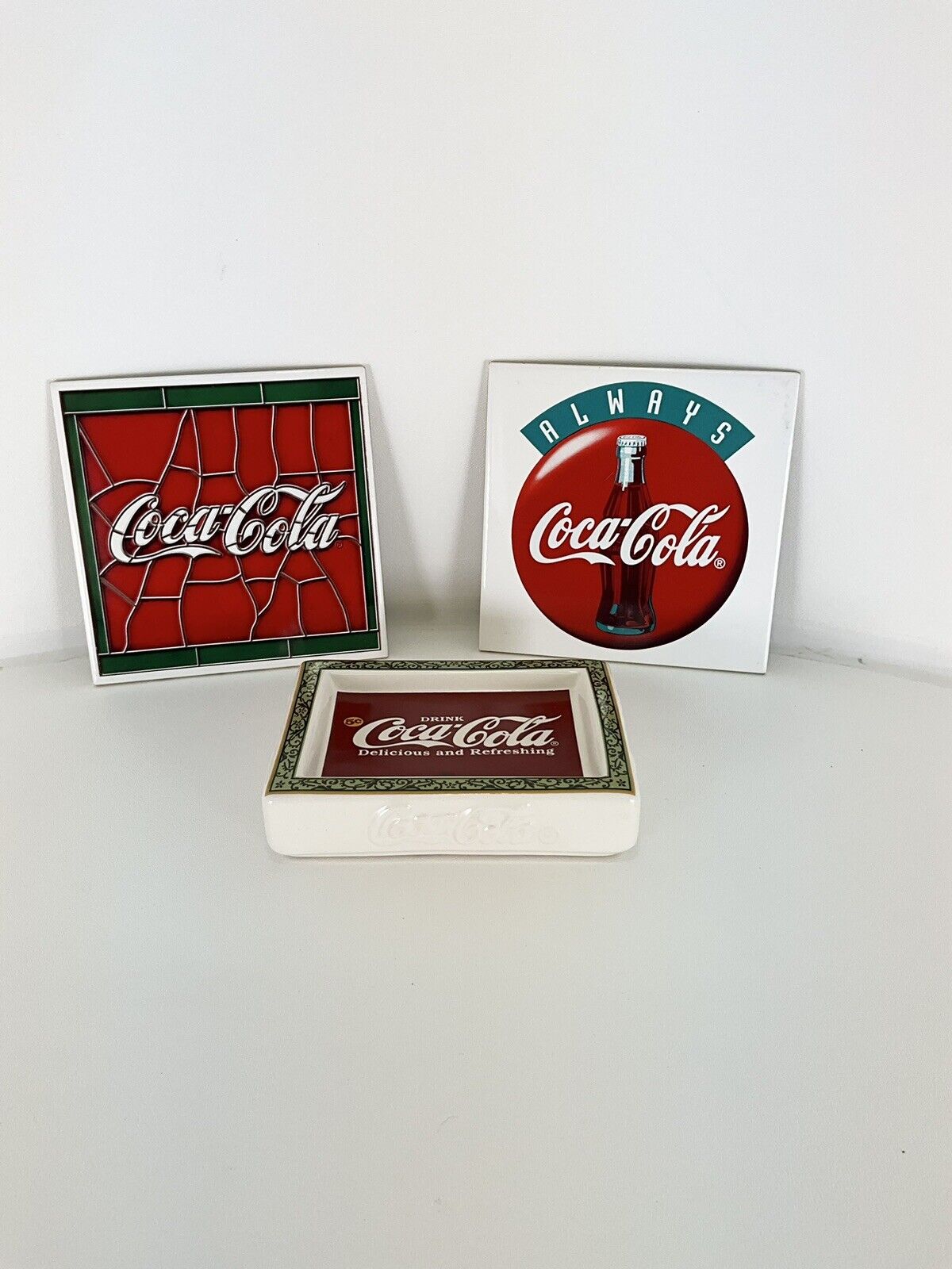 Lot Of Two Ceramic Coca-Cola Tiles And 1 Ceramic Coca - Cola Soap/Trinket Dish