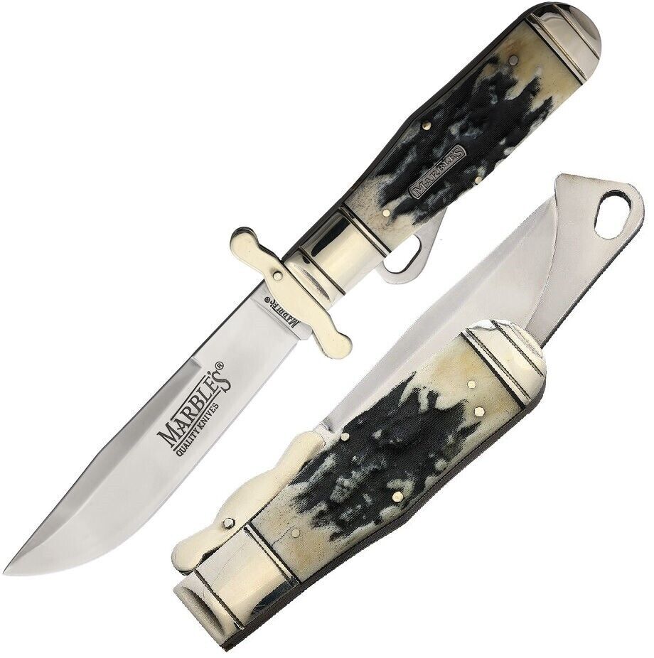 Marbles Safety Folding Knife Stainless Steel Extended Blade Stag Bone Handle