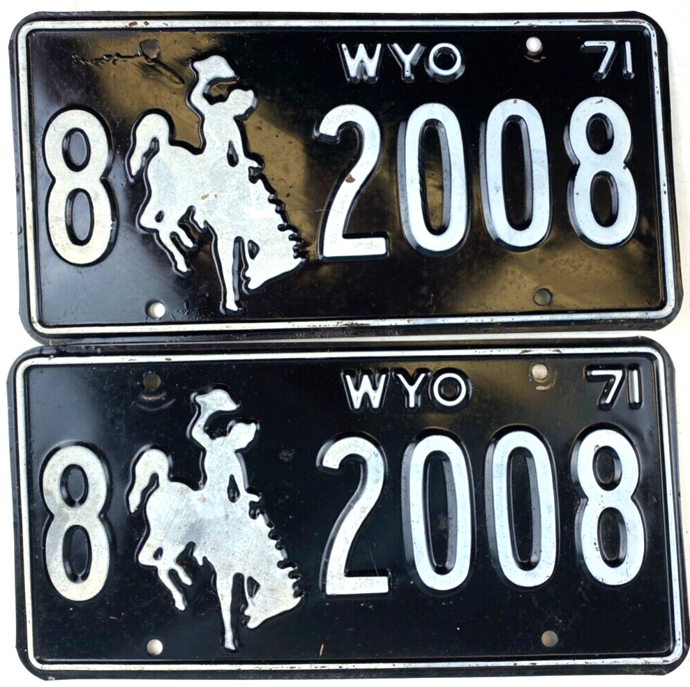 Wyoming 1971 License Plate Set Vintage Auto Platte Co Man Cave Collectors Decor