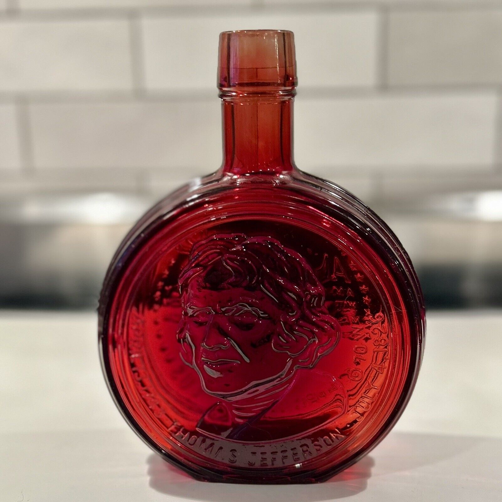 Vintage Wheaton Ruby Glass Bottle~Thomas Jefferson 1st Edition 7.75”T~Mint
