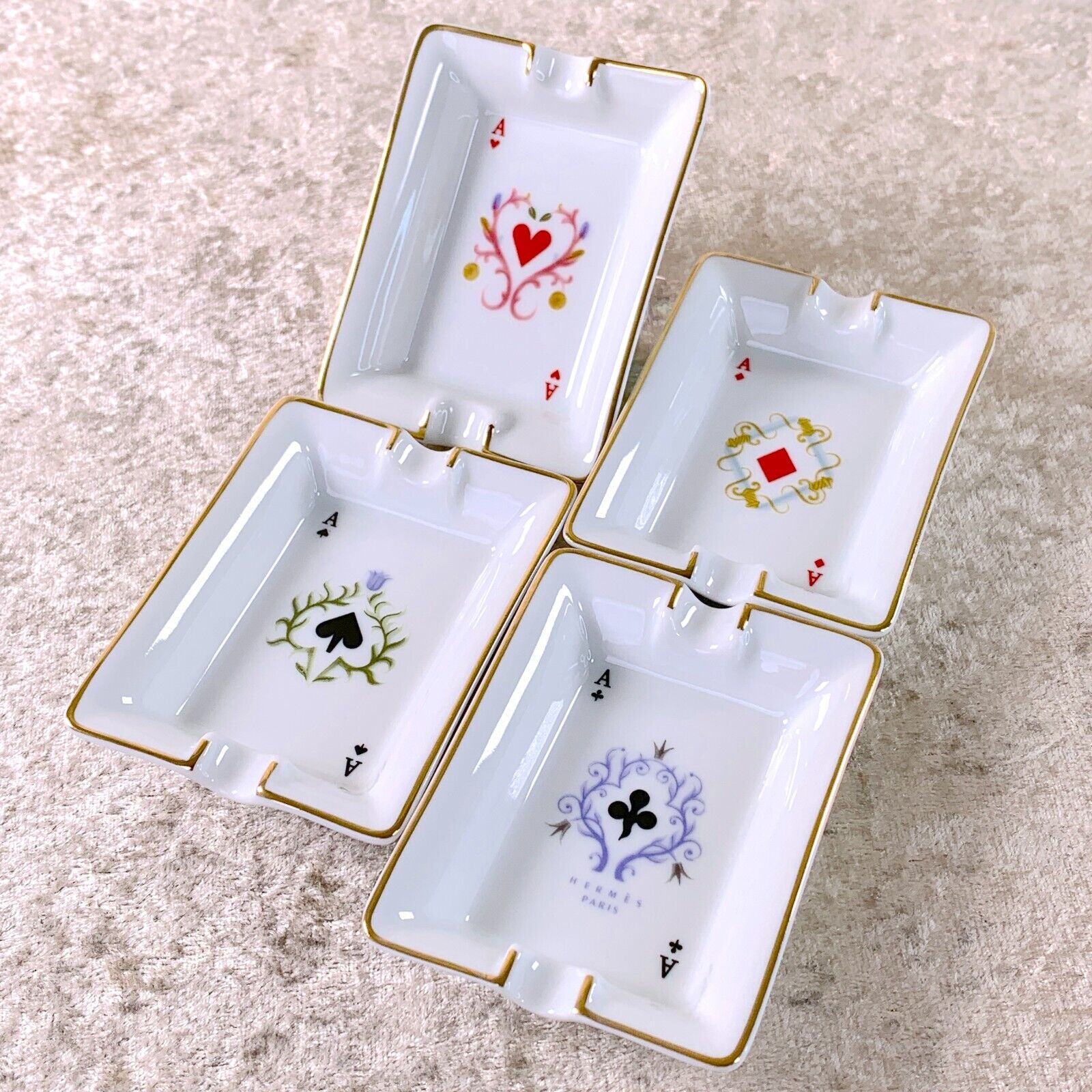 Hermes Paris Mini Ashtray Porcelain Change Tray Playing Cards Motif