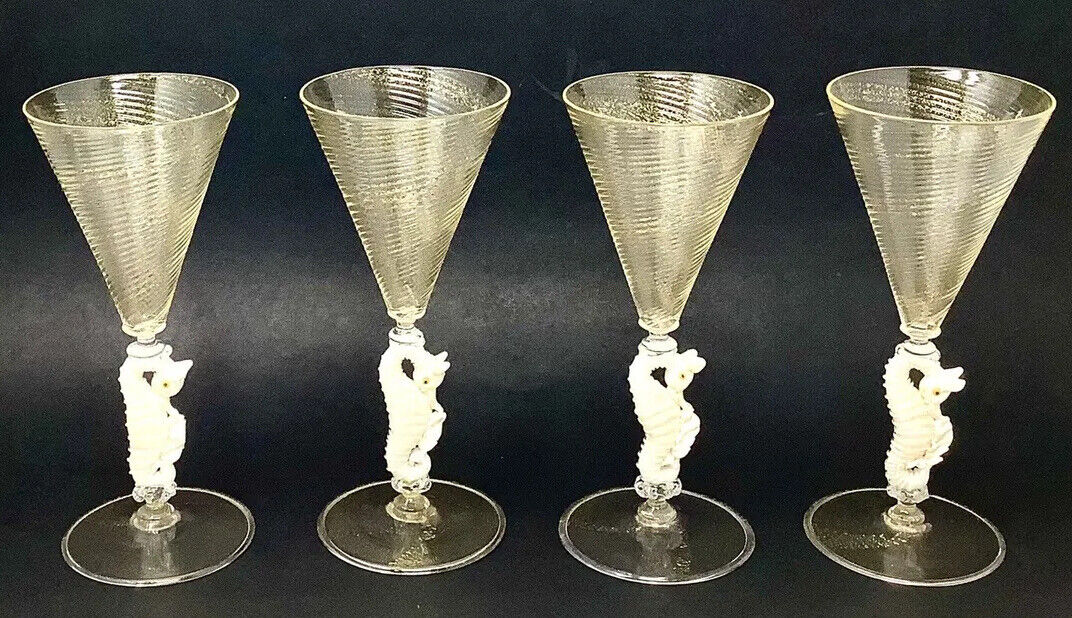 Set Of 4 Salviati Murano Venetian Wine Glasses w/Seahorse Steam And Gold Flecks