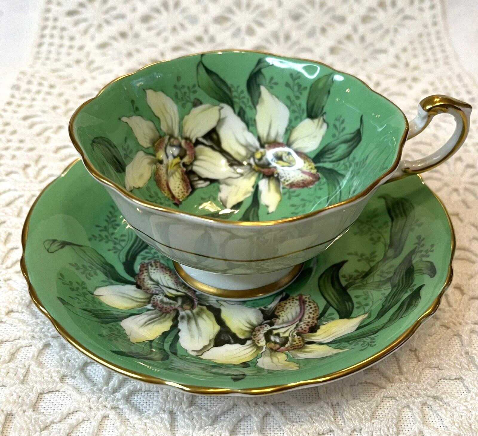 Paragon DOUBLE WARRANT Green Tea Cup & Saucer w White Pink Orchid Gold Gilt RARE
