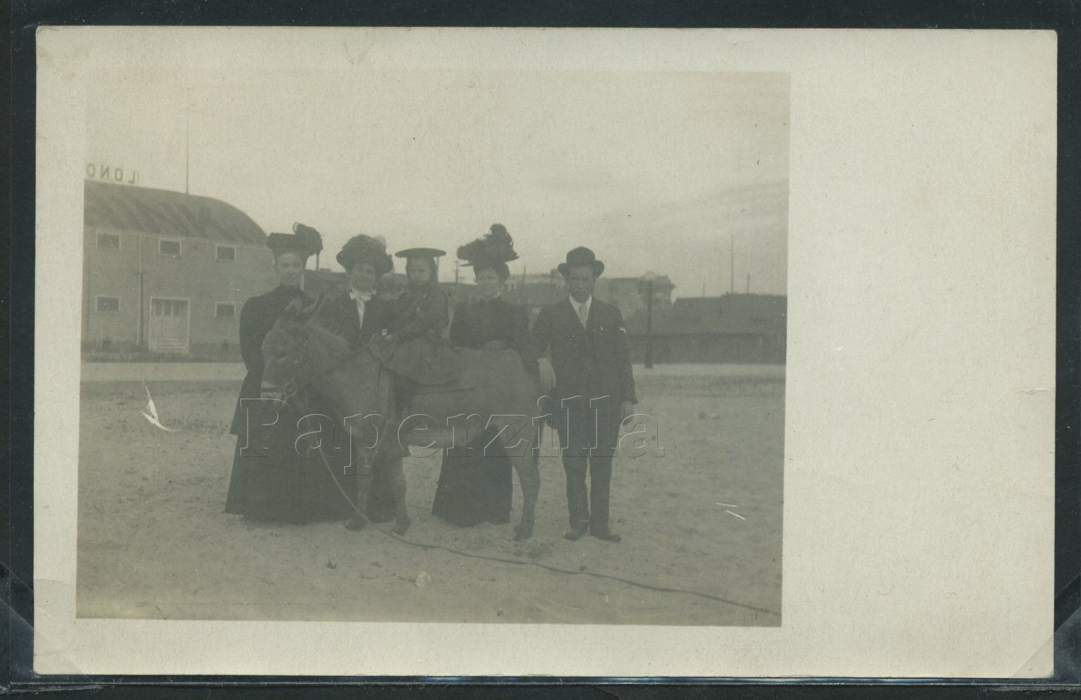 CA Long Beach RPPC 1908 GIRL on MULE & FAMILY POSE on the BEACH One of a Kind