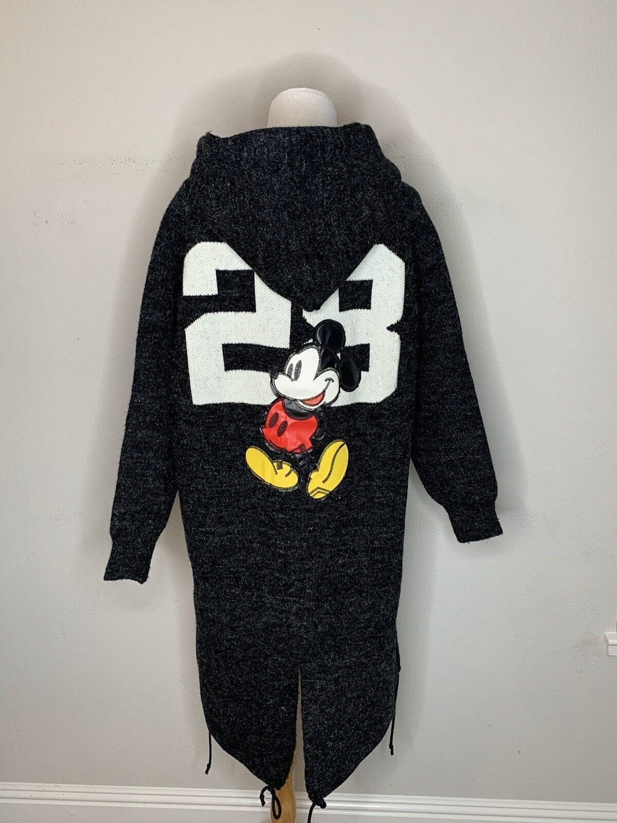 Mickey Mouse 28 Disney Womens Sweater Knit Wool Long Coat Hooded Black Sz M/L