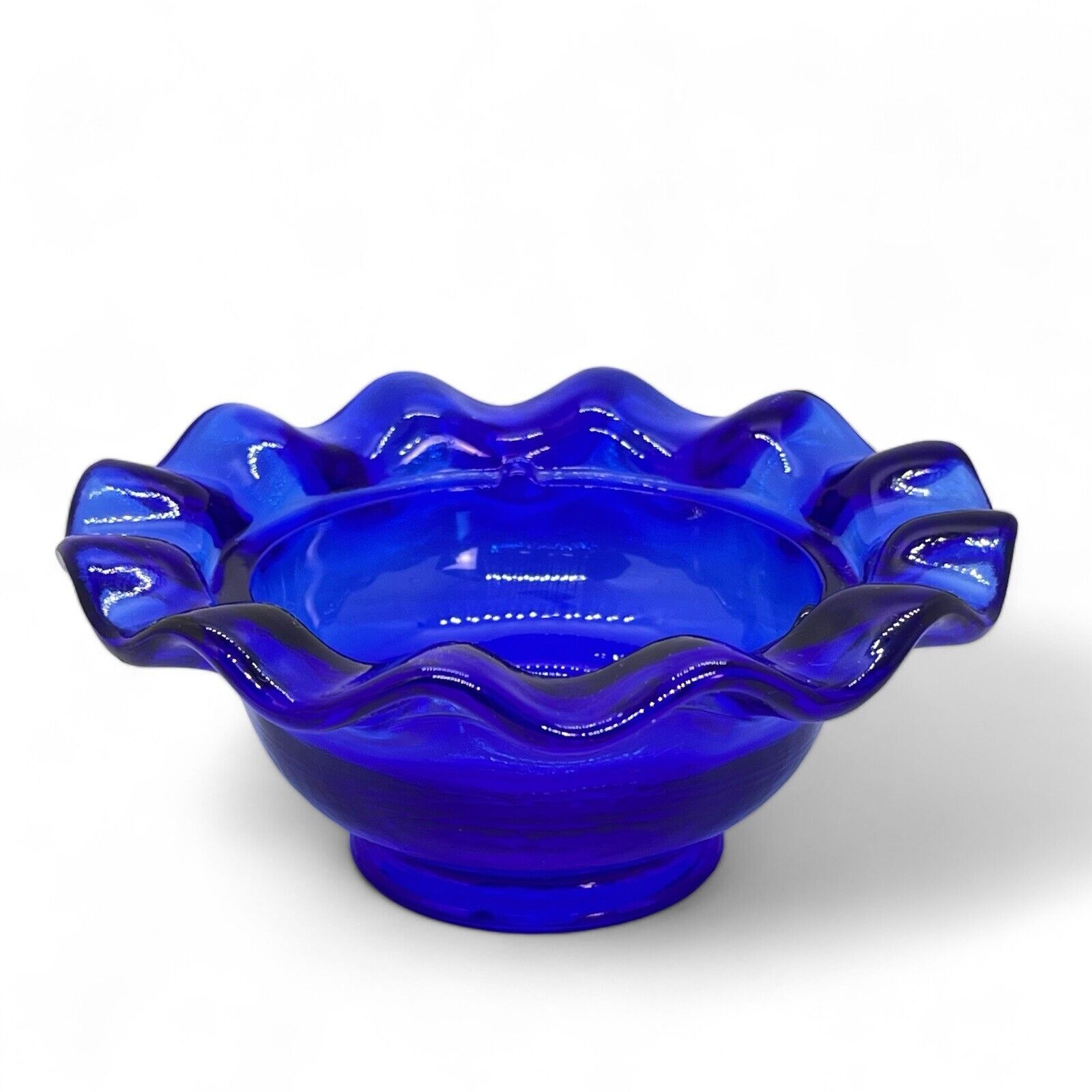 Fenton Blue Glass Small Votive Candle Bowl w Ruffled Rim