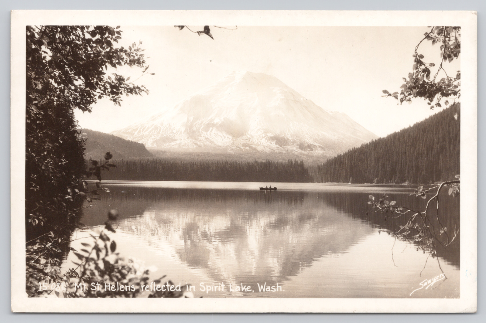 Mt. St. Helens Reflected Spirit Lake, WA c1948 Sawyer's RPPC #1508, Boat Fishing