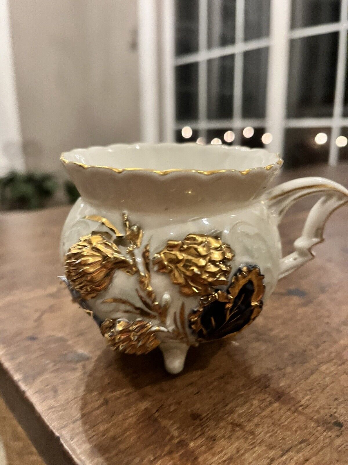 Victorian Four Foot Tea Cup Raised Gold Blue Nature Theme